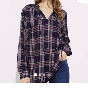LOFT Shimmer Plaid Tie Neck Blouse Xsmall